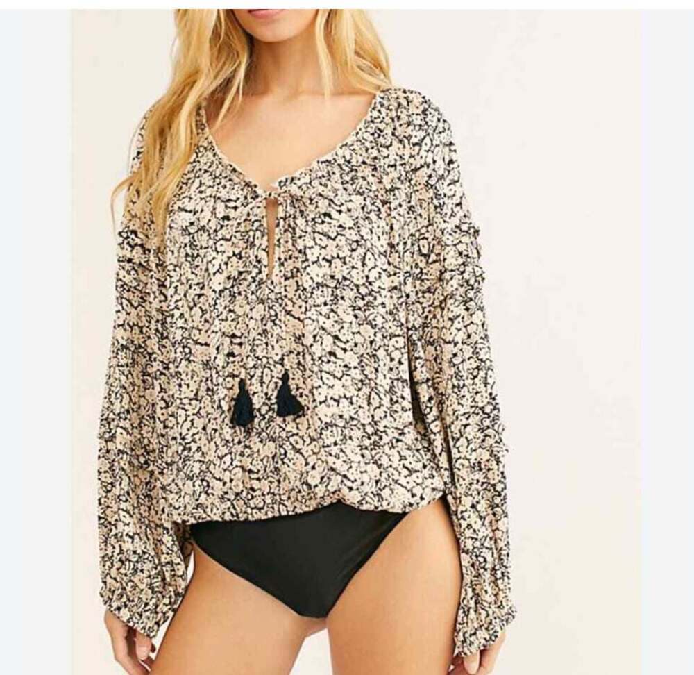 Free People Bodysuit Womens Small Beige Floral Chiffon Long Sleeve Boho Top